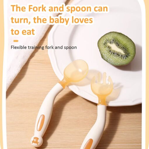 StarAndDaisy Silicone Baby Feeding/Training Spoon and Fork Set with Anti-Bacterial PP Storage Box (Orange & Cream) - Image 3