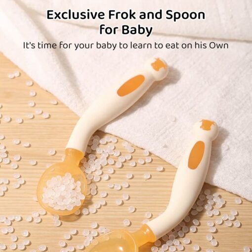 StarAndDaisy Silicone Baby Feeding/Training Spoon and Fork Set with Anti-Bacterial PP Storage Box (Orange & Cream) - Image 4