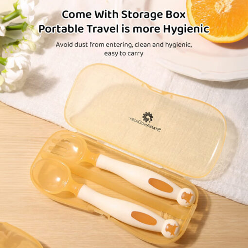 StarAndDaisy Silicone Baby Feeding/Training Spoon and Fork Set with Anti-Bacterial PP Storage Box (Orange & Cream) - Image 7