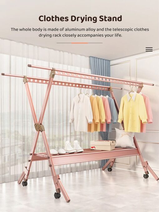 Cloth Drying Stand - Aluminum Alloy Laundry Stand Organizer with Double Road and Wheels (Rose Gold) - StarAndDaisy - Image 2