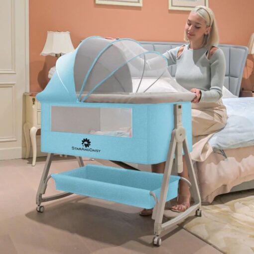 StarAndDaisy Pluto Luxury Baby Cradle with Height Adjustment and Next to Parents Bed with Soft Foam Mattress and Mosquito Net (Blue) - Image 3