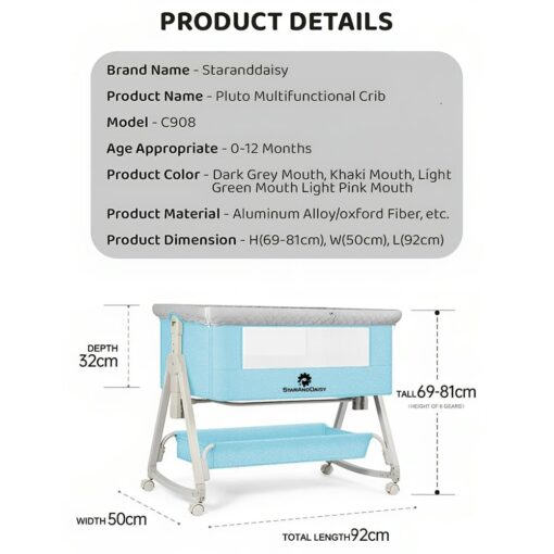 StarAndDaisy Pluto Luxury Baby Cradle with Height Adjustment and Next to Parents Bed with Soft Foam Mattress and Mosquito Net (Blue) - Image 11