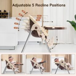 Adjustable Baby High Chair with 5 Recline Positions-Brown