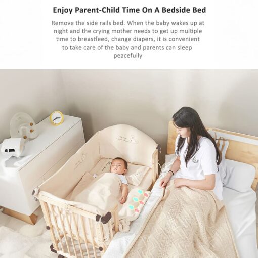 StarAndDaisy Multifunctional Baby Wooden Cot with Mattress, 11 Levels of Height Adjustments with Mosquito Net & Adjustable Stand - 124cm x 69.5cm-Natural Wood Color - Image 3
