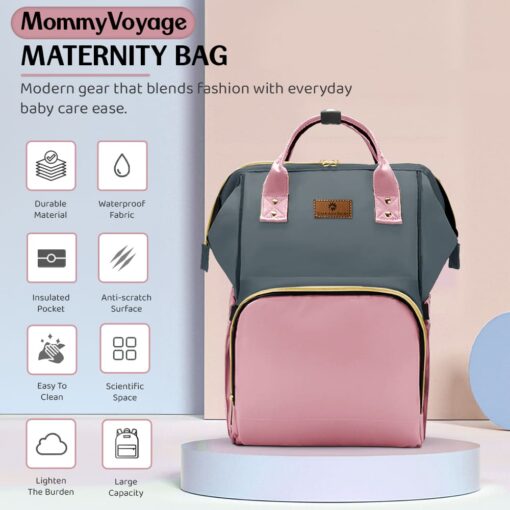 StarAndDaisy Diaper Bag for Moms & Babies, Waterproof Maternity Backpack for Travel with Spacious Compartments - Pink Grey - Image 2